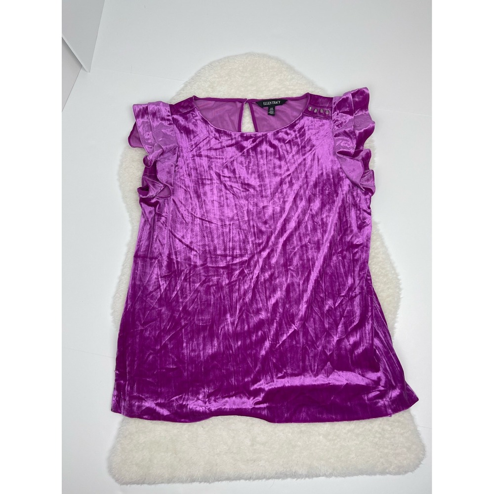 Ellen Tracy Fuchsia Velvet Top Women's Size Medium Ruffle‎ Sleeve Party Blouse